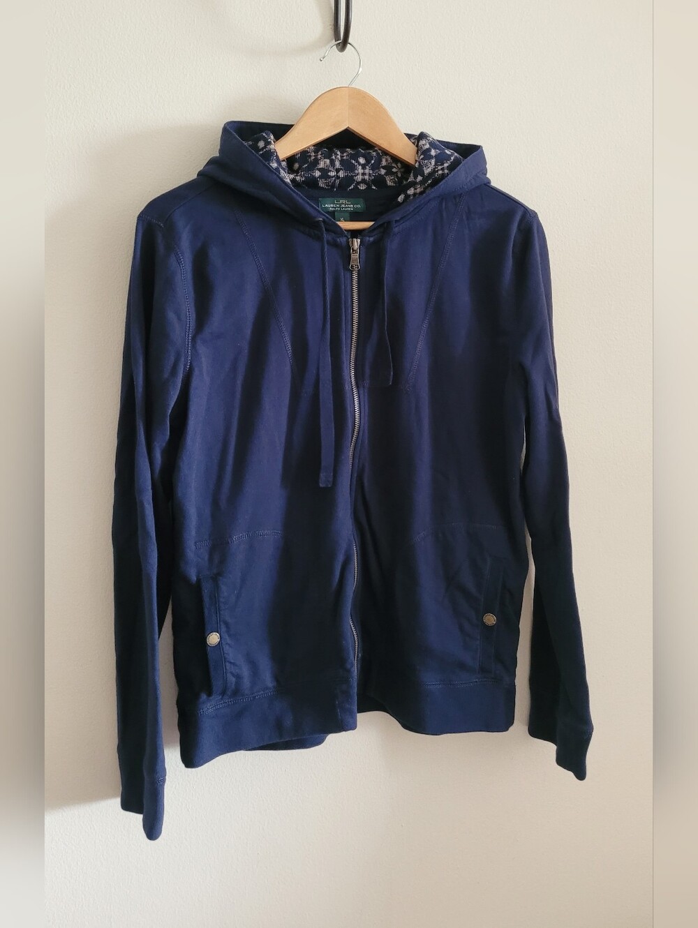 Ralph Lauren Full Zip Printed Hoodie, Women's XL, Navy Blue with Brass Hardware